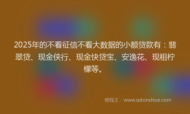 2025年的不看征信不看大数据的小额贷款有：翡翠贷、现金侠行、现金快贷宝、安逸花、现租柠檬等。