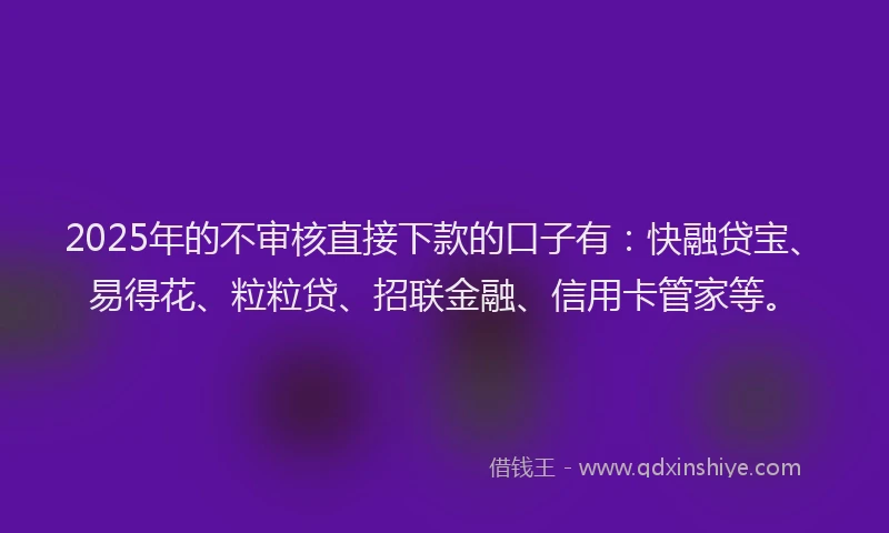 2025年的不审核直接下款的口子有：快融贷宝、易得花、粒粒贷、招联金融、信用卡管家等。