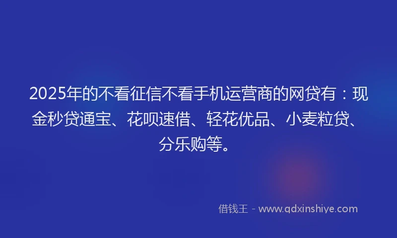 2025年的不看征信不看手机运营商的网贷有：现金秒贷通宝、花呗速借、轻花优品、小麦粒贷、分乐购等。