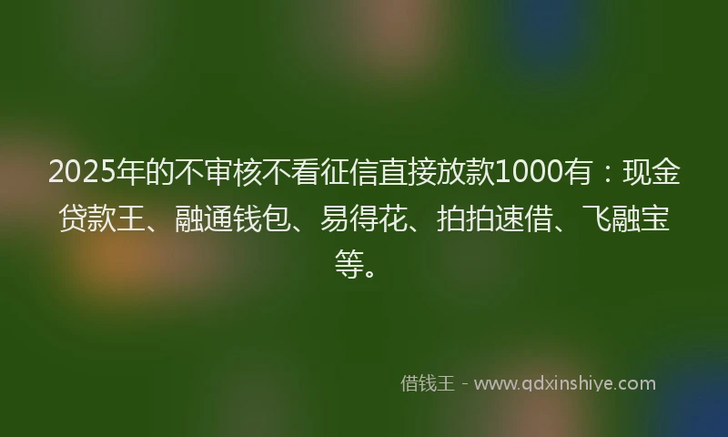 2025年的不审核不看征信直接放款1000有：现金贷款王、融通钱包、易得花、拍拍速借、飞融宝等。