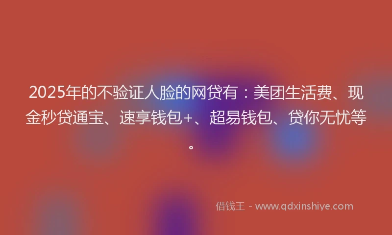 2025年的不验证人脸的网贷有：美团生活费、现金秒贷通宝、速享钱包+、超易钱包、贷你无忧等。
