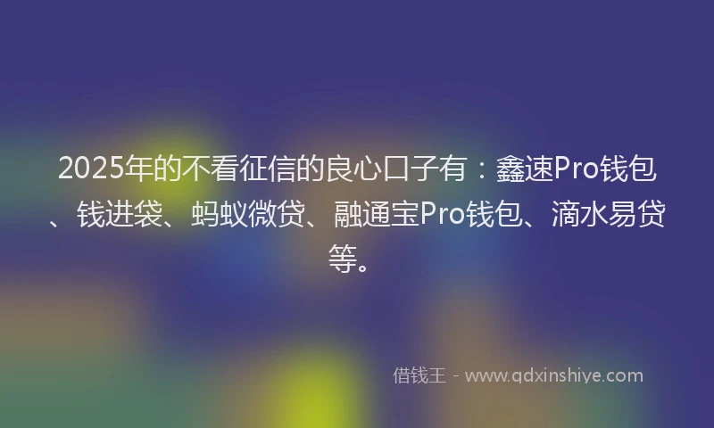 2025年的不看征信的良心口子有：鑫速Pro钱包、钱进袋、蚂蚁微贷、融通宝Pro钱包、滴水易贷等。
