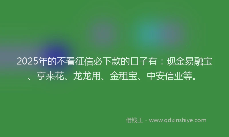 2025年的不看征信必下款的口子有：现金易融宝、享来花、龙龙用、金租宝、中安信业等。