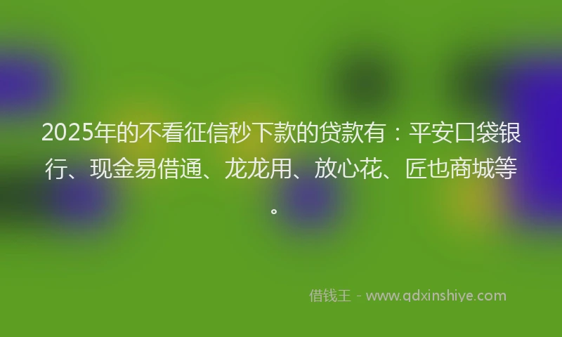 2025年的不看征信秒下款的贷款有：平安口袋银行、现金易借通、龙龙用、放心花、匠也商城等。