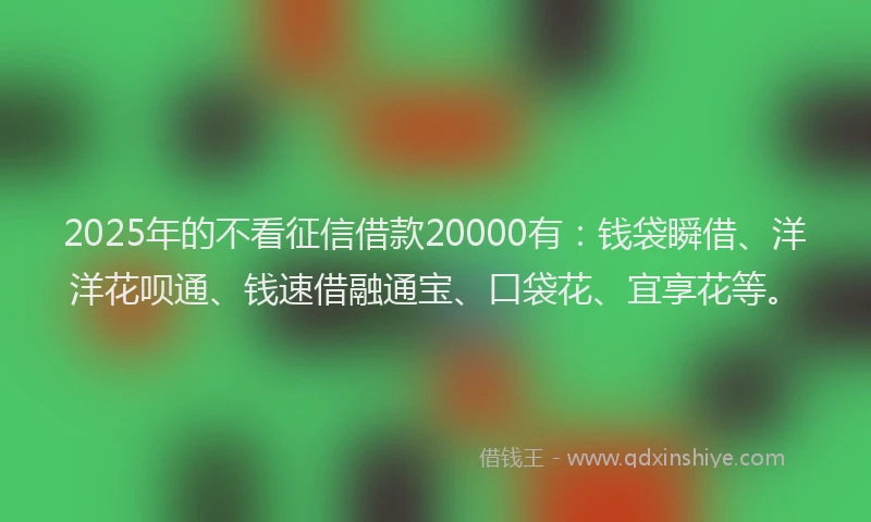 2025年的不看征信借款20000有：钱袋瞬借、洋洋花呗通、钱速借融通宝、口袋花、宜享花等。