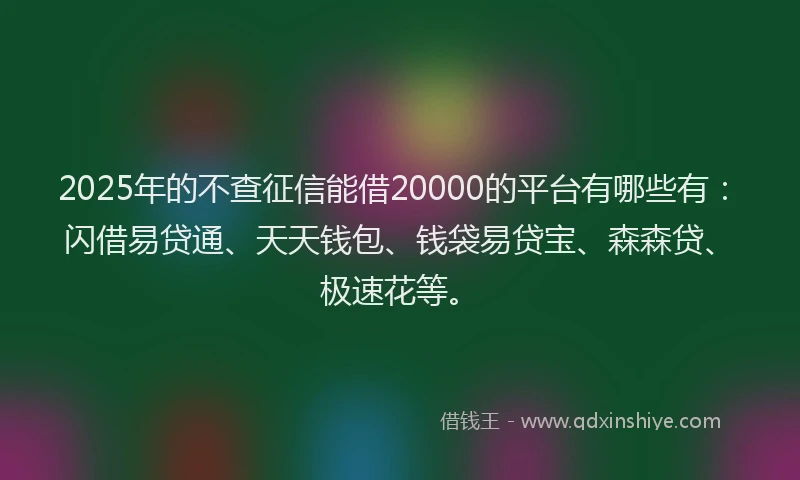 2025年的不查征信能借20000的平台有哪些有：闪借易贷通、天天钱包、钱袋易贷宝、森森贷、极速花等。
