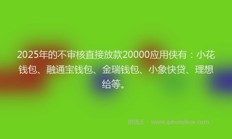 2025年的不审核直接放款20000应用侠有：小花钱包、融通宝钱包、金瑞钱包、小象快贷、理想给等。