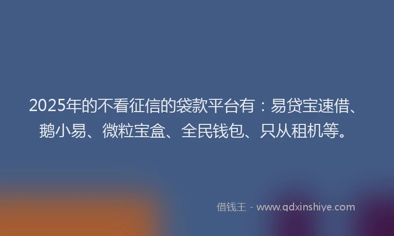 2025年的不看征信的袋款平台有：易贷宝速借、鹅小易、微粒宝盒、全民钱包、只从租机等。