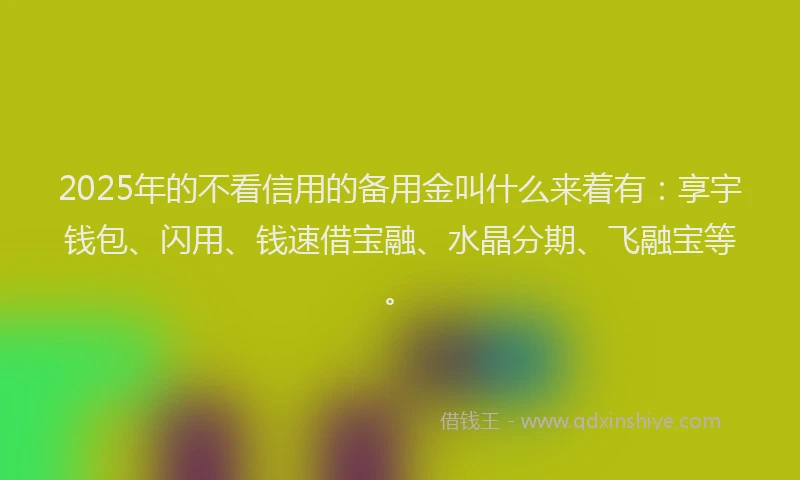 2025年的不看信用的备用金叫什么来着有：享宇钱包、闪用、钱速借宝融、水晶分期、飞融宝等。