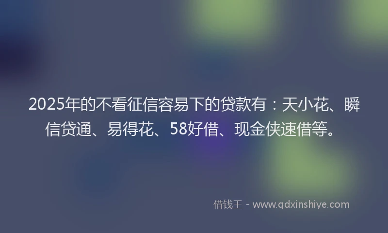 2025年的不看征信容易下的贷款有：天小花、瞬信贷通、易得花、58好借、现金侠速借等。