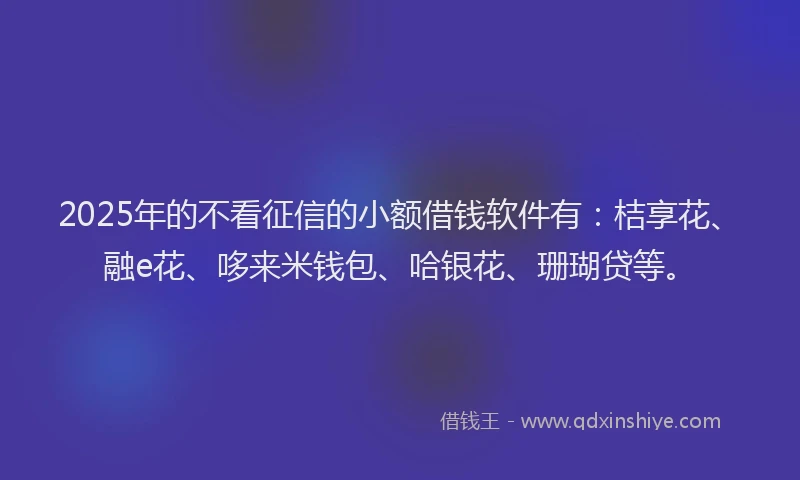 2025年的不看征信的小额借钱软件有：桔享花、融e花、哆来米钱包、哈银花、珊瑚贷等。