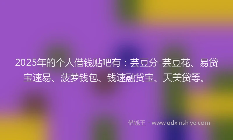 2025年的个人借钱贴吧有：芸豆分-芸豆花、易贷宝速易、菠萝钱包、钱速融贷宝、天美贷等。