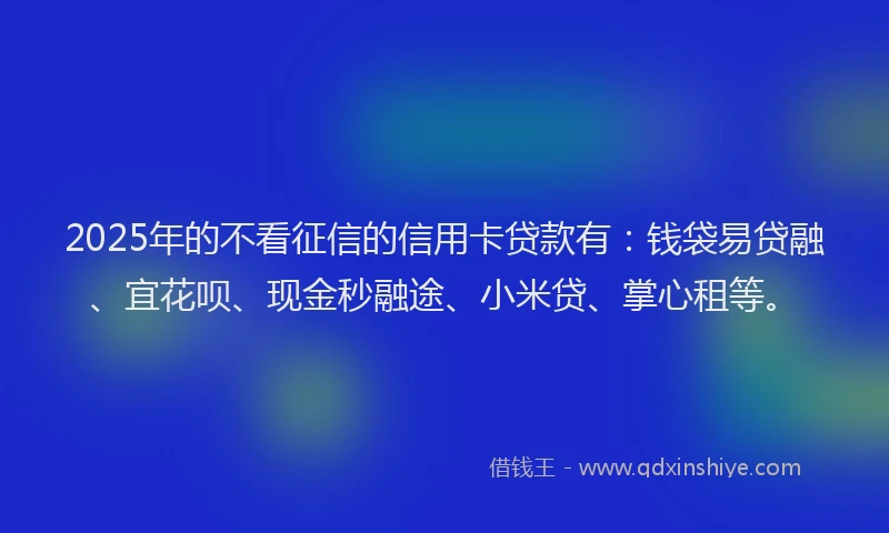 2025年的不看征信的信用卡贷款有：钱袋易贷融、宜花呗、现金秒融途、小米贷、掌心租等。