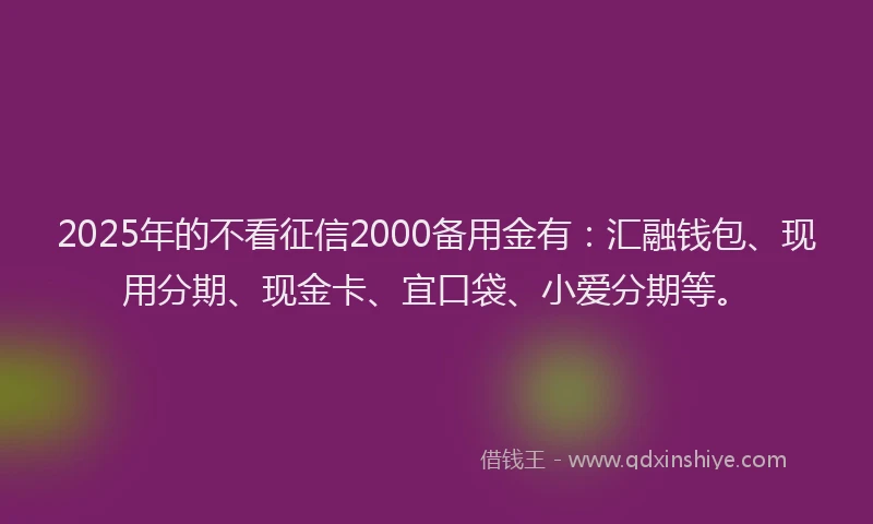 2025年的不看征信2000备用金有：汇融钱包、现用分期、现金卡、宜口袋、小爱分期等。