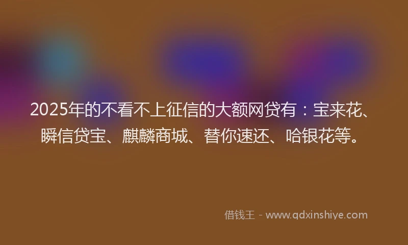 2025年的不看不上征信的大额网贷有：宝来花、瞬信贷宝、麒麟商城、替你速还、哈银花等。