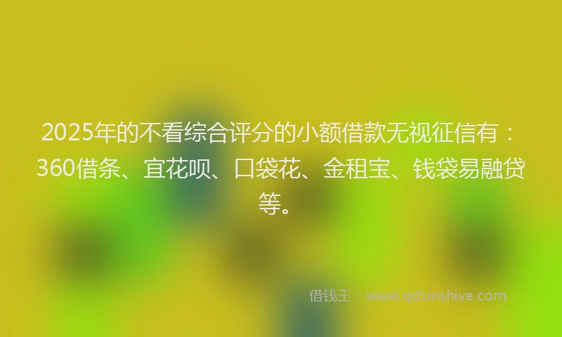 2025年的不看综合评分的小额借款无视征信有：360借条、宜花呗、口袋花、金租宝、钱袋易融贷等。