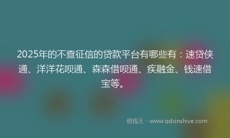 2025年的不查征信的贷款平台有哪些有：速贷侠通、洋洋花呗通、森森借呗通、疾融金、钱速借宝等。