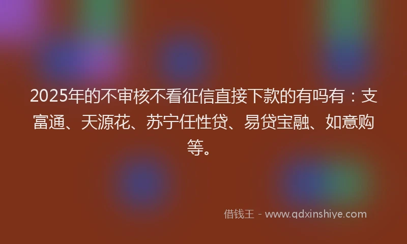 2025年的不审核不看征信直接下款的有吗有:支富通、天源花、苏宁任性贷、易贷宝融、如意购等。
