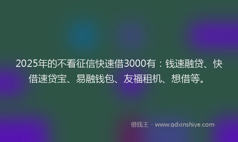 2025年的不看征信快速借3000有：钱速融贷、快借速贷宝、易融钱包、友福租机、想借等。