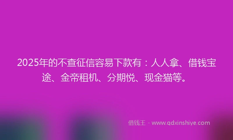 2025年的不查征信容易下款有：人人拿、借钱宝途、金帝租机、分期悦、现金猫等。