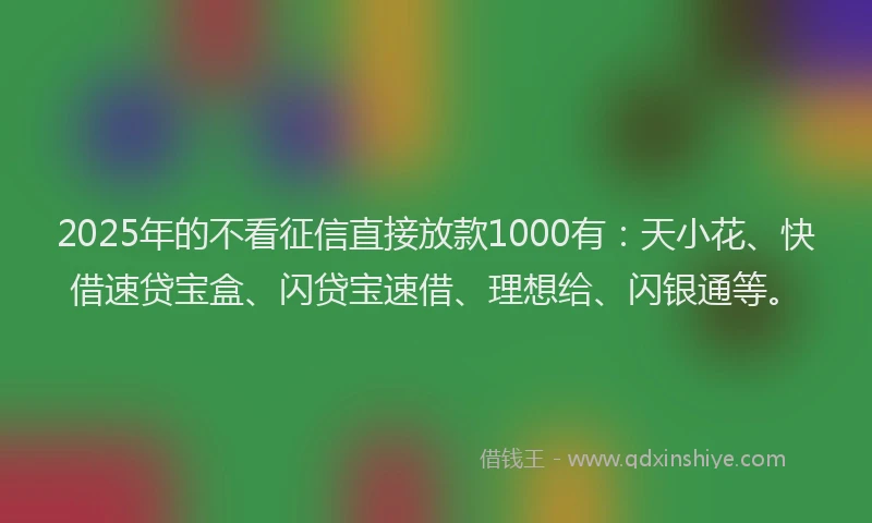 2025年的不看征信直接放款1000有：天小花、快借速贷宝盒、闪贷宝速借、理想给、闪银通等。