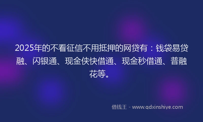 2025年的不看征信不用抵押的网贷有：钱袋易贷融、闪银通、现金侠快借通、现金秒借通、普融花等。