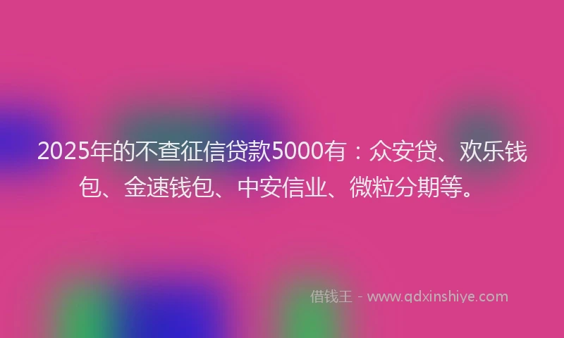 2025年的不查征信贷款5000有：众安贷、欢乐钱包、金速钱包、中安信业、微粒分期等。
