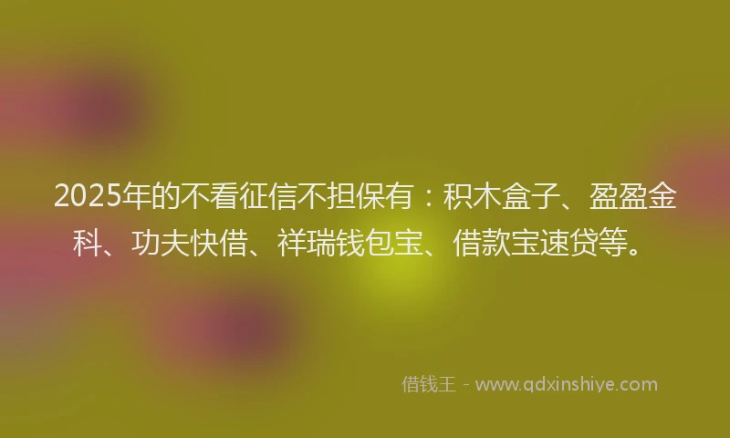 2025年的不看征信不担保有：积木盒子、盈盈金科、功夫快借、祥瑞钱包宝、借款宝速贷等。