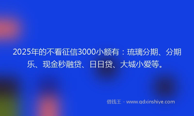 2025年的不看征信3000小额有：琉璃分期、分期乐、现金秒融贷、日日贷、大城小爱等。