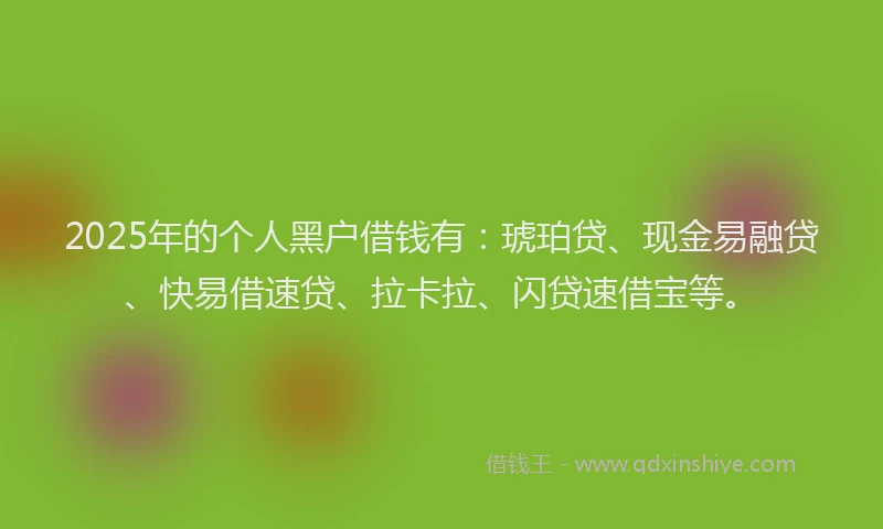 2025年的个人黑户借钱有:琥珀贷、现金易融贷、快易借速贷、拉卡拉、闪贷速借宝等。
