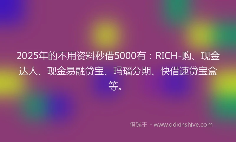 2025年的不用资料秒借5000有：RICH-购、现金达人、现金易融贷宝、玛瑙分期、快借速贷宝盒等。