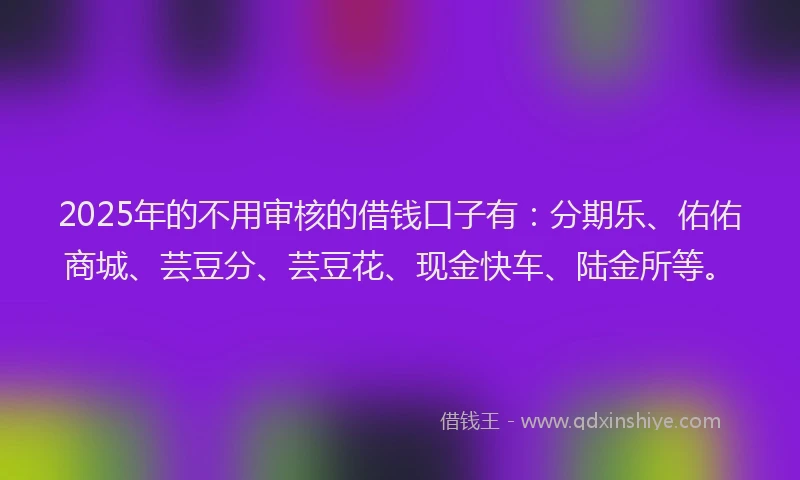 2025年的不用审核的借钱口子有：分期乐、佑佑商城、芸豆分、芸豆花、现金快车、陆金所等。