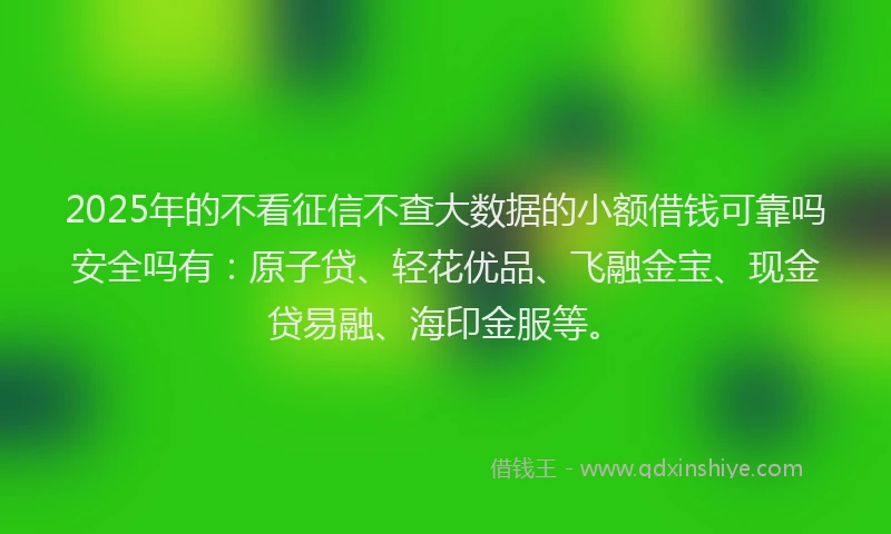 2025年的不看征信不查大数据的小额借钱可靠吗安全吗有：原子贷、轻花优品、飞融金宝、现金贷易融、海印金服等。