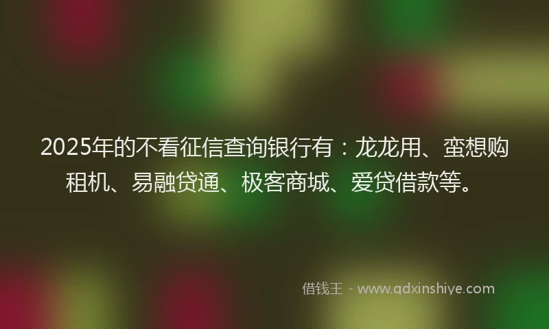 2025年的不看征信查询银行有：龙龙用、蛮想购租机、易融贷通、极客商城、爱贷借款等。