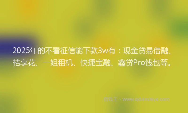 2025年的不看征信能下款3w有：现金贷易借融、桔享花、一姐租机、快捷宝融、鑫贷Pro钱包等。