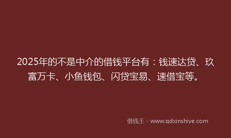 2025年的不是中介的借钱平台有：钱速达贷、玖富万卡、小鱼钱包、闪贷宝易、速借宝等。