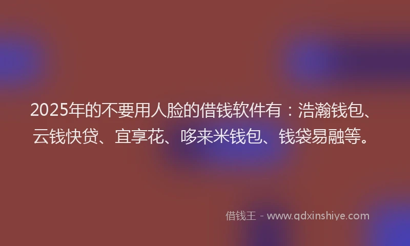 2025年的不要用人脸的借钱软件有：浩瀚钱包、云钱快贷、宜享花、哆来米钱包、钱袋易融等。
