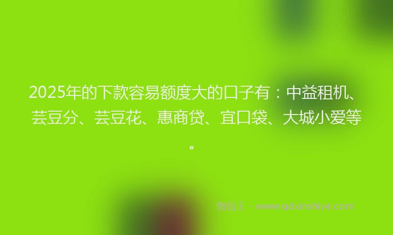 2025年的下款容易额度大的口子有：中益租机、芸豆分、芸豆花、惠商贷、宜口袋、大城小爱等。