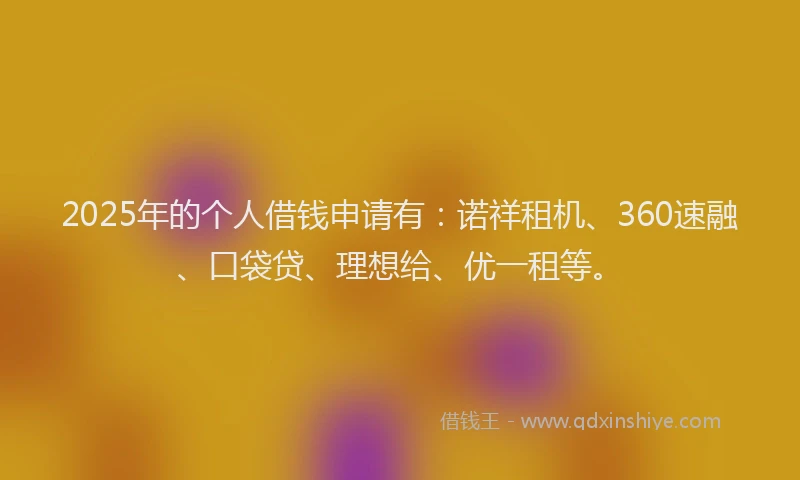 2025年的个人借钱申请有：诺祥租机、360速融、口袋贷、理想给、优一租等。