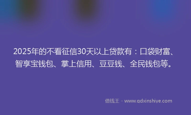 2025年的不看征信30天以上贷款有：口袋财富、智享宝钱包、掌上信用、豆豆钱、全民钱包等。