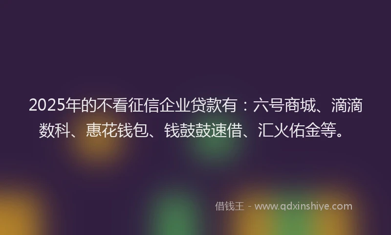 2025年的不看征信企业贷款有：六号商城、滴滴数科、惠花钱包、钱鼓鼓速借、汇火佑金等。