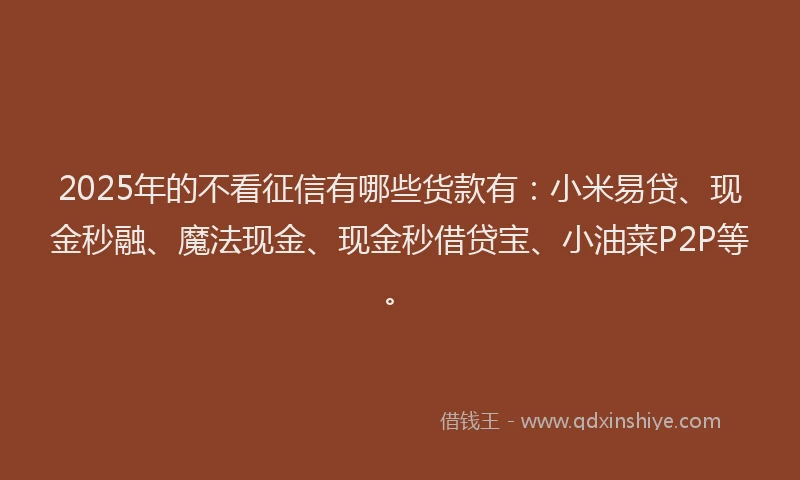 2025年的不看征信有哪些货款有：小米易贷、现金秒融、魔法现金、现金秒借贷宝、小油菜P2P等。