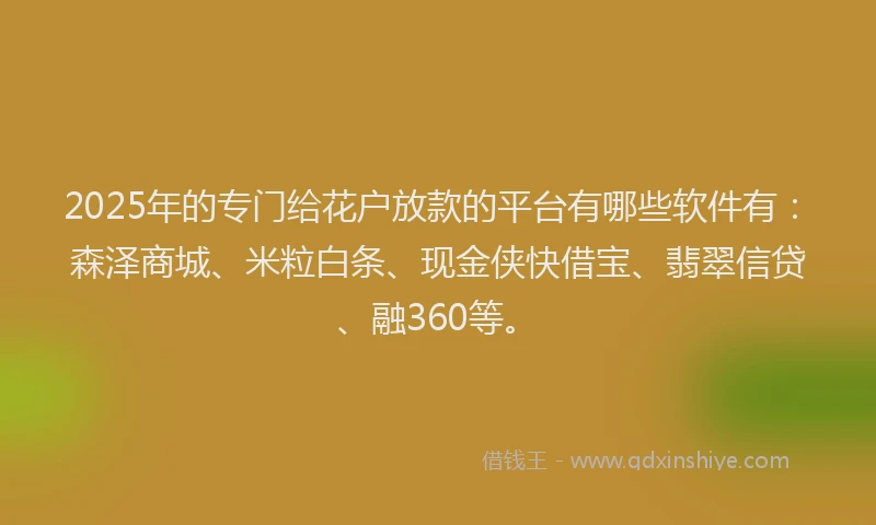 2025年的专门给花户放款的平台有哪些软件有：森泽商城、米粒白条、现金侠快借宝、翡翠信贷、融360等。