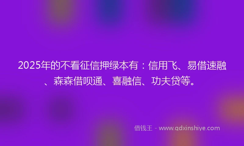 2025年的不看征信押绿本有：信用飞、易借速融、森森借呗通、喜融信、功夫贷等。