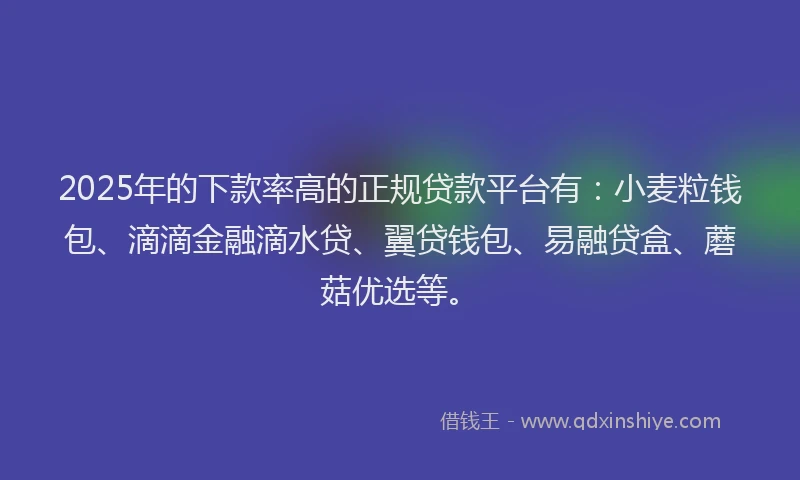 2025年的下款率高的正规贷款平台有：小麦粒钱包、滴滴金融滴水贷、翼贷钱包、易融贷盒、蘑菇优选等。