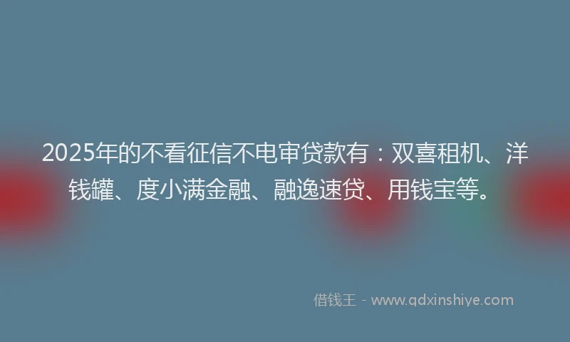 2025年的不看征信不电审贷款有：双喜租机、洋钱罐、度小满金融、融逸速贷、用钱宝等。