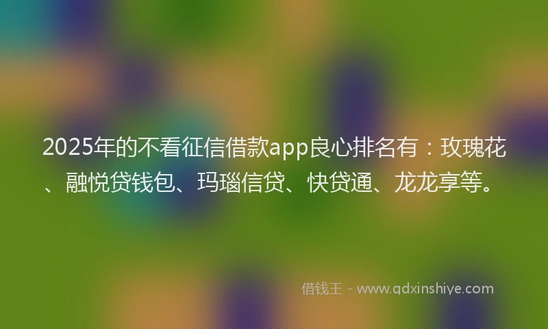 2025年的不看征信借款app良心排名有：玫瑰花、融悦贷钱包、玛瑙信贷、快贷通、龙龙享等。