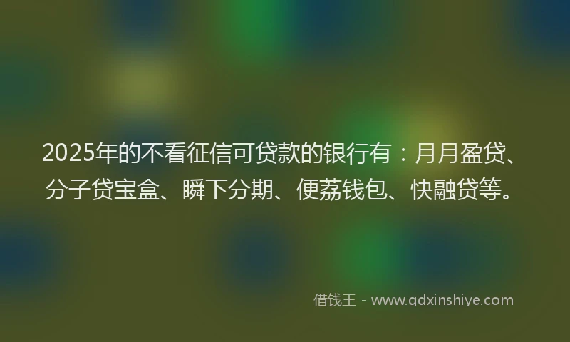 2025年的不看征信可贷款的银行有：月月盈贷、分子贷宝盒、瞬下分期、便荔钱包、快融贷等。