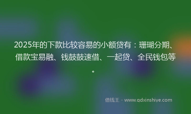 2025年的下款比较容易的小额贷有：珊瑚分期、借款宝易融、钱鼓鼓速借、一起贷、全民钱包等。