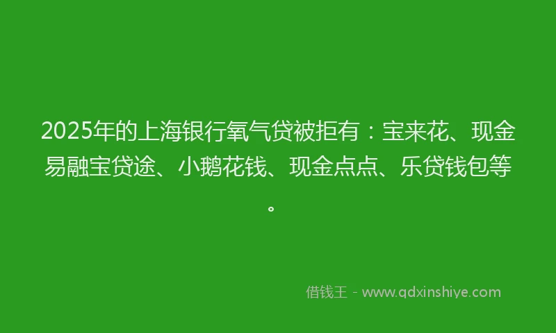 2025年的上海银行氧气贷被拒有:宝来花、现金易融宝贷途、小鹅花钱、现金点点、乐贷钱包等。